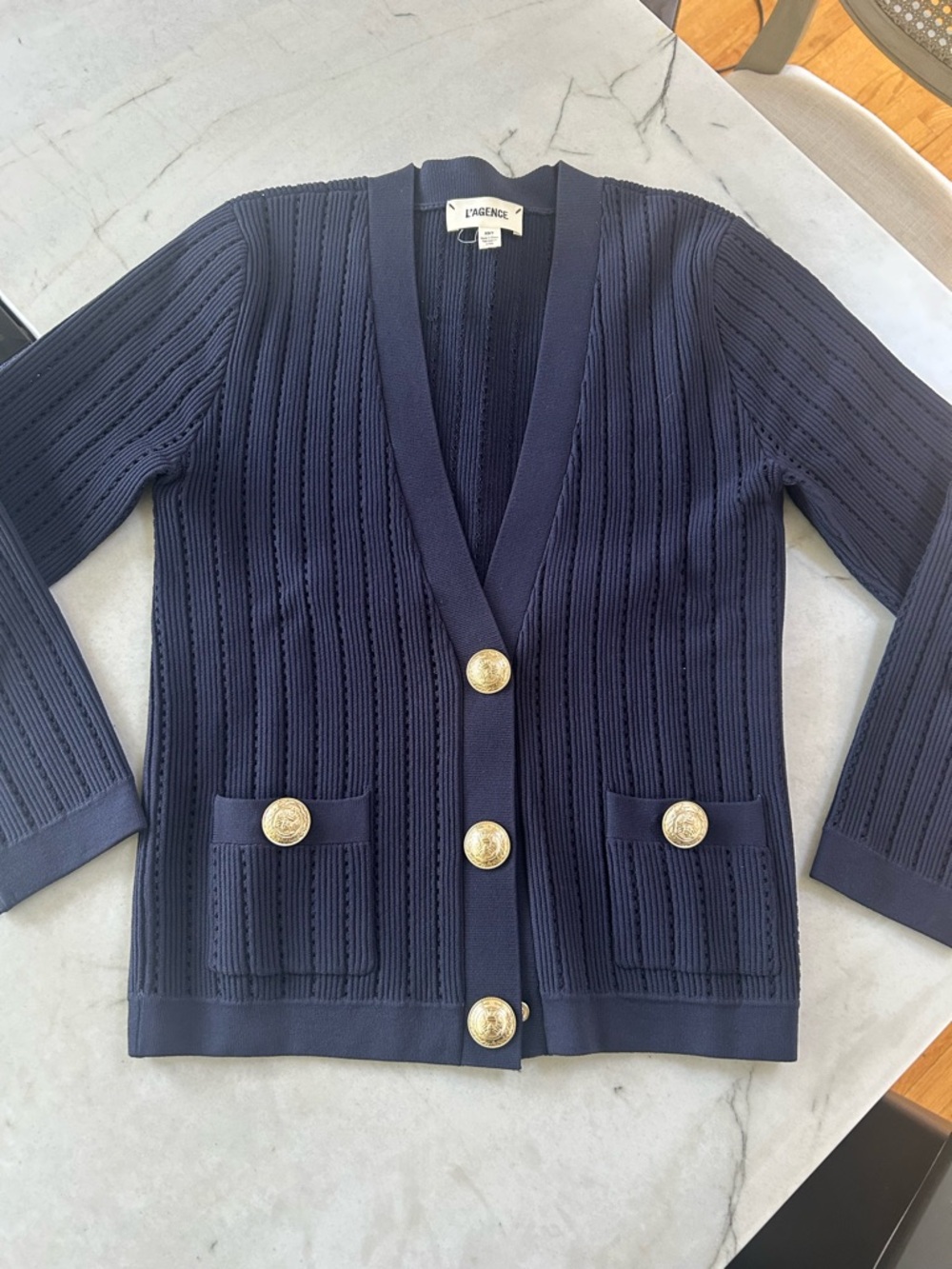 L’AGENCE Navy Pointelle Knit Cardigan